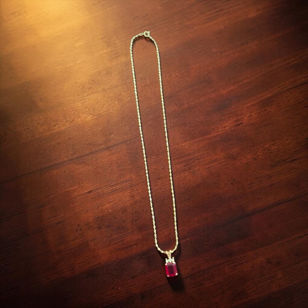 Ruby Red Emerald Cut Pendant Necklace Gold Tone Accent Crystal Vintage Style